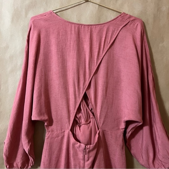 Anthropologie NWT Puff Sleeve Wrap Mini Dress Linen Blend Tie Front Pink Size 8 - Picture 13 of 16